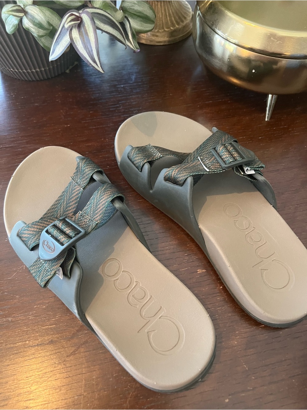 Chaco Men's Slide Sandals with Brown Gray Footbed and Olive Patterned Straps